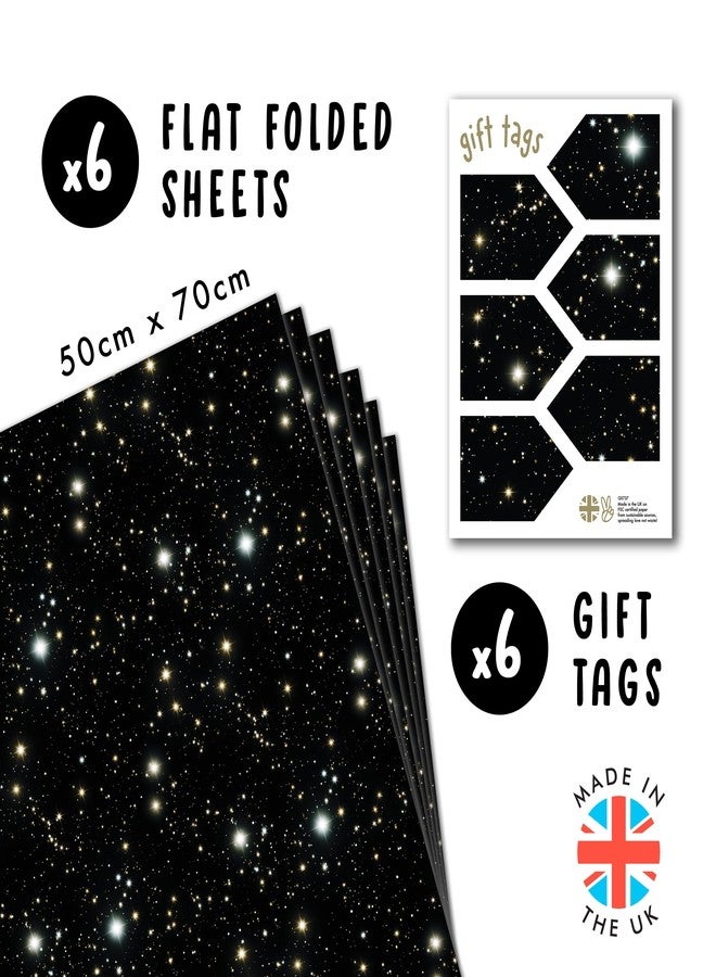 CENTRAL 23 Space Wrapping Paper - 6 Sheets of Black Gift Wrap - Gold Glowing Stars - Galaxy - For Birthday Wedding Anniversary - Recyclable - Image 2